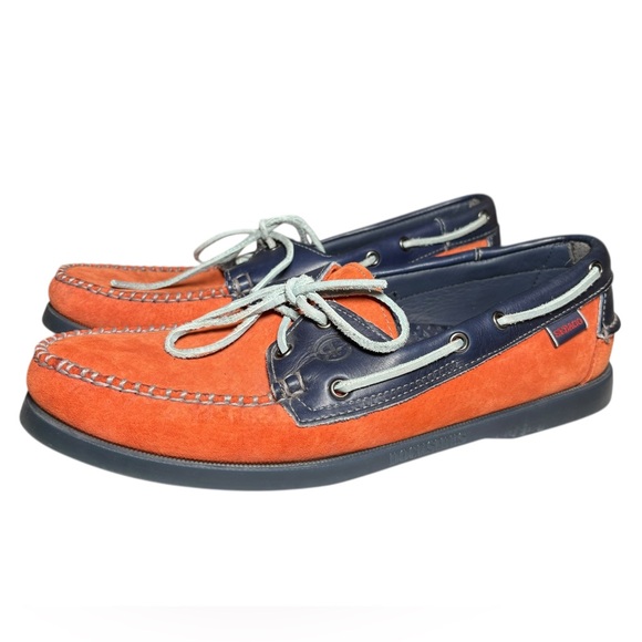 Ronnie Fieg Sebago Docksides Boat Shoes Men\'s Orange Navy 10.5M Loafers Lace Up